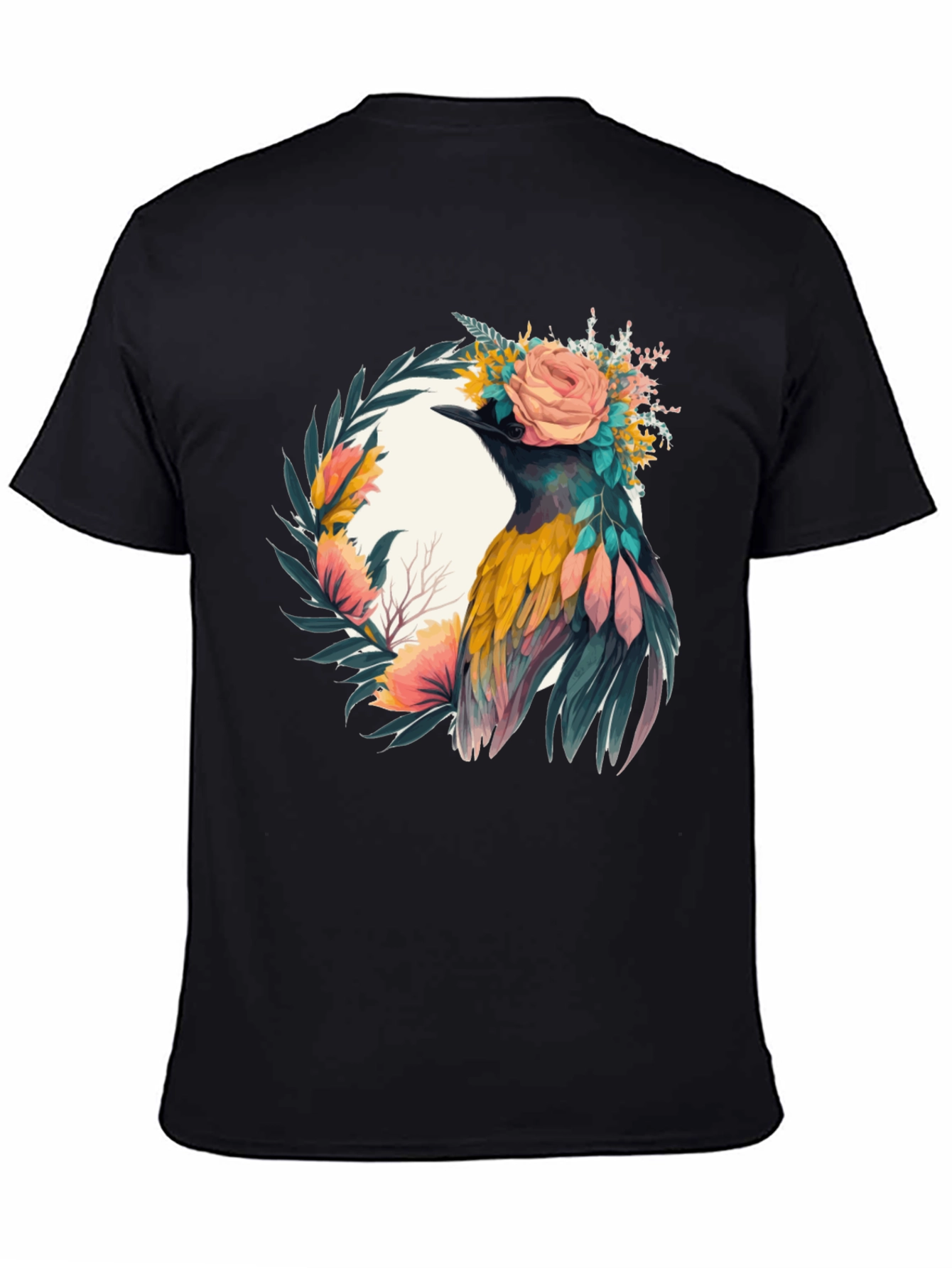 Camiseta Negra con Diseño de Ave Floral