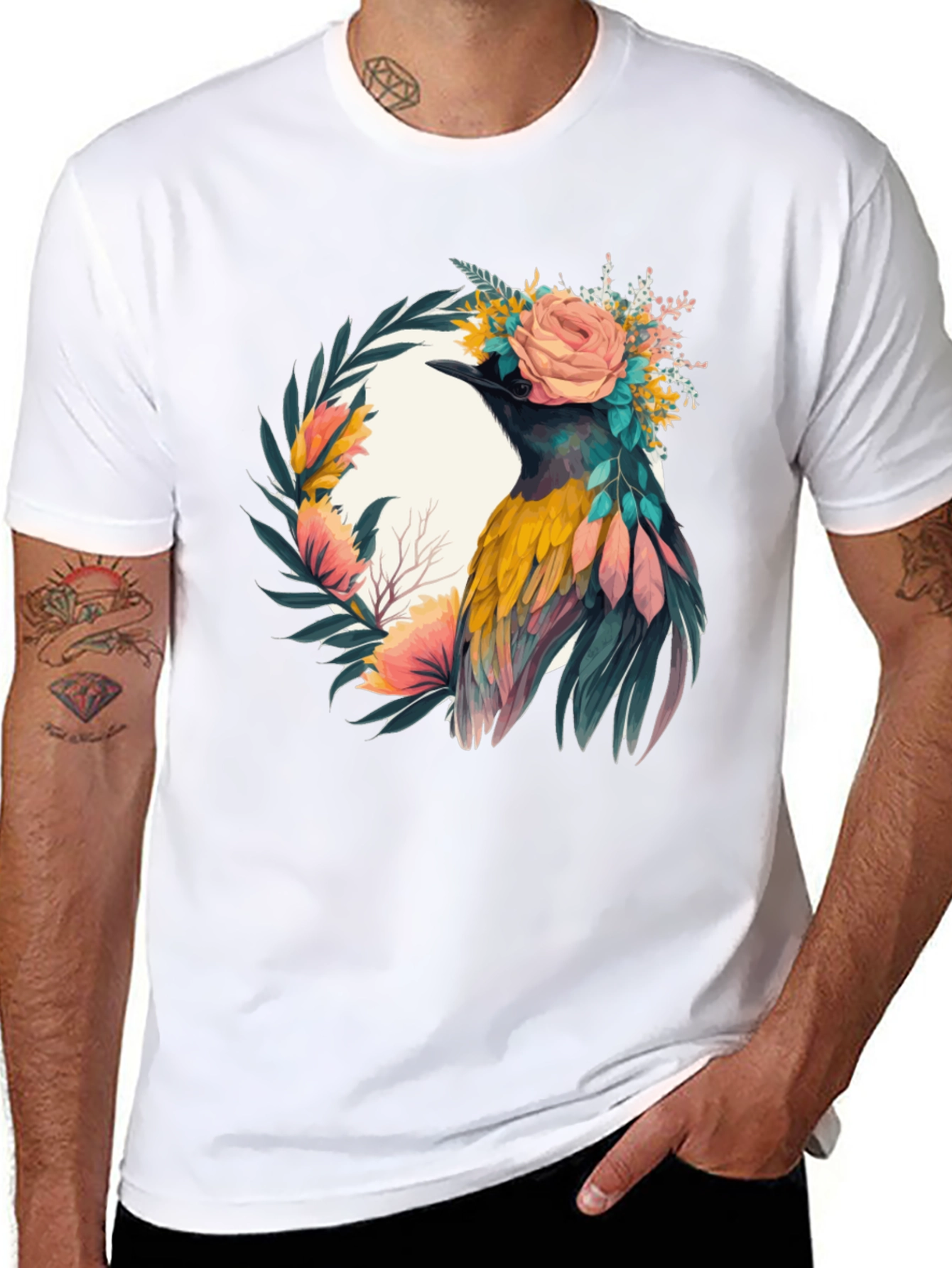 Camiseta Negra con Diseño de Ave Floral