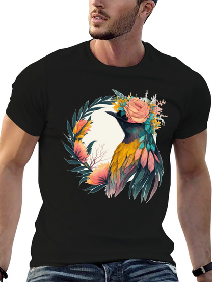 Camiseta Negra con Diseño de Ave Floral