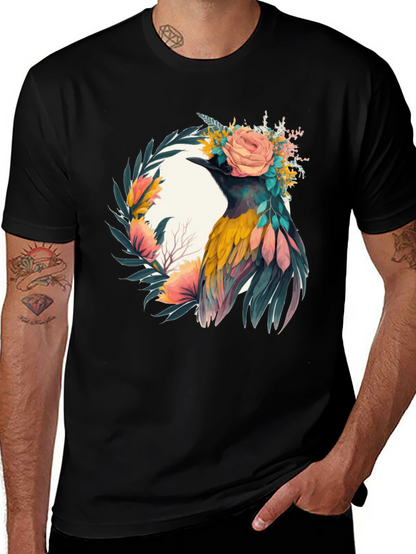 Camiseta Negra con Diseño de Ave Floral