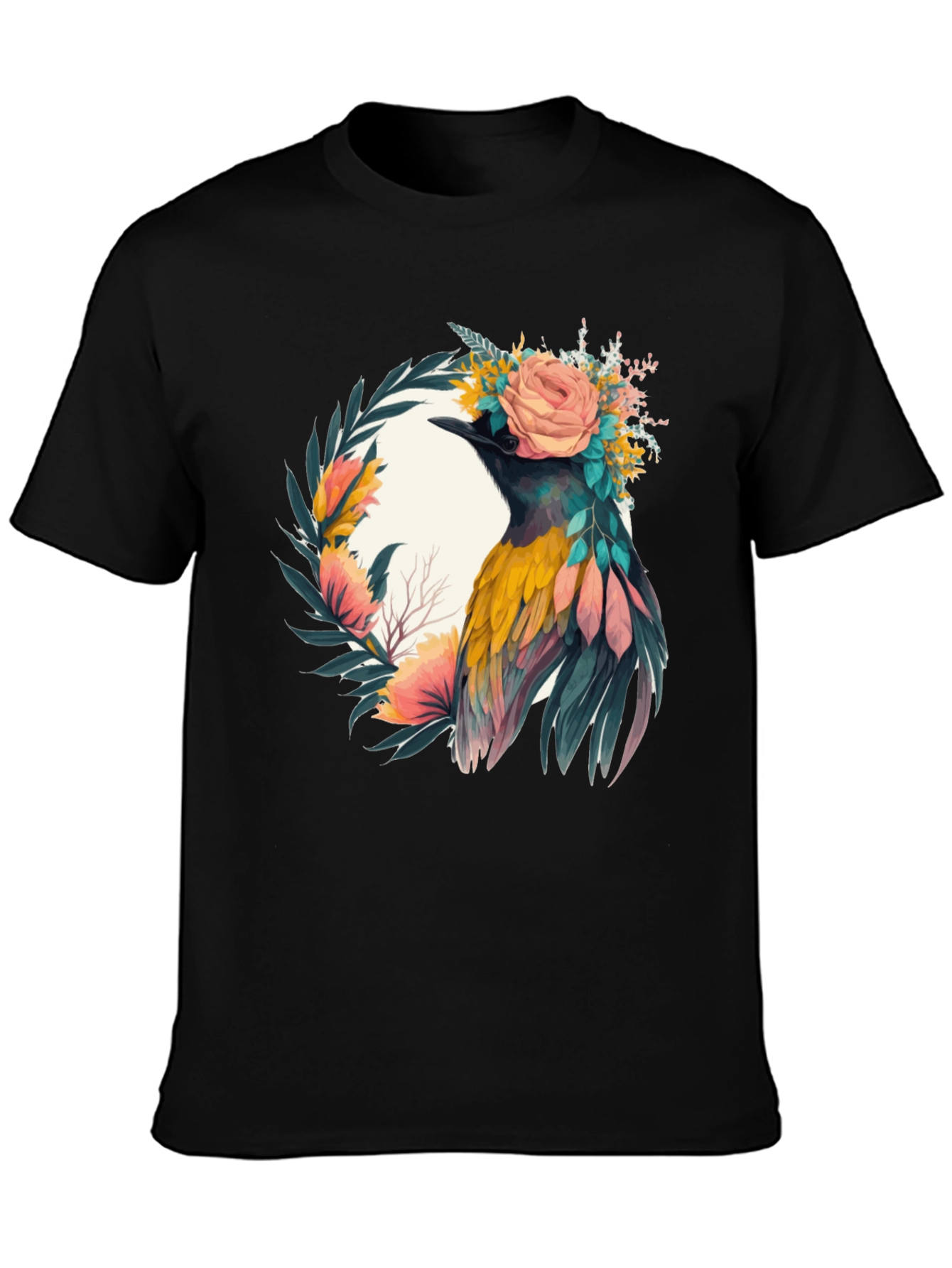 Camiseta Negra con Diseño de Ave Floral
