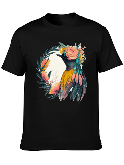 Camiseta Negra con Diseño de Ave Floral