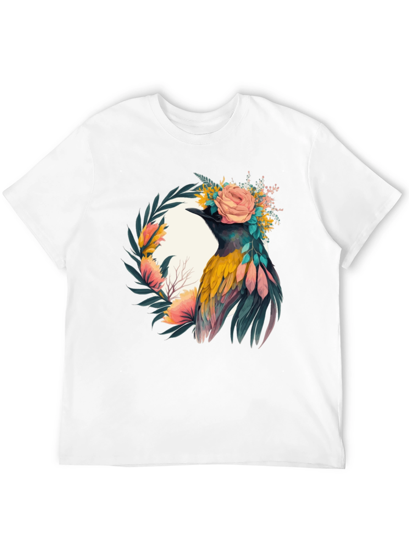 Camiseta Negra con Diseño de Ave Floral
