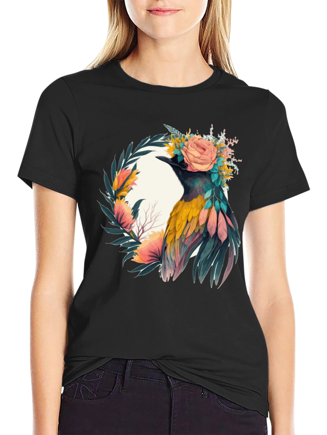 Camiseta Negra con Diseño de Ave Floral