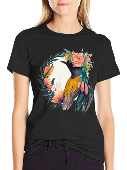 Camiseta Negra con Diseño de Ave Floral
