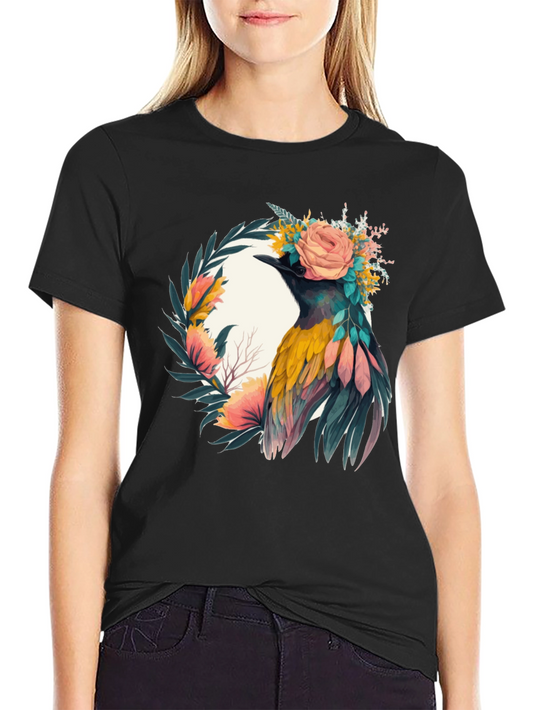 Camiseta Negra con Diseño de Ave Floral