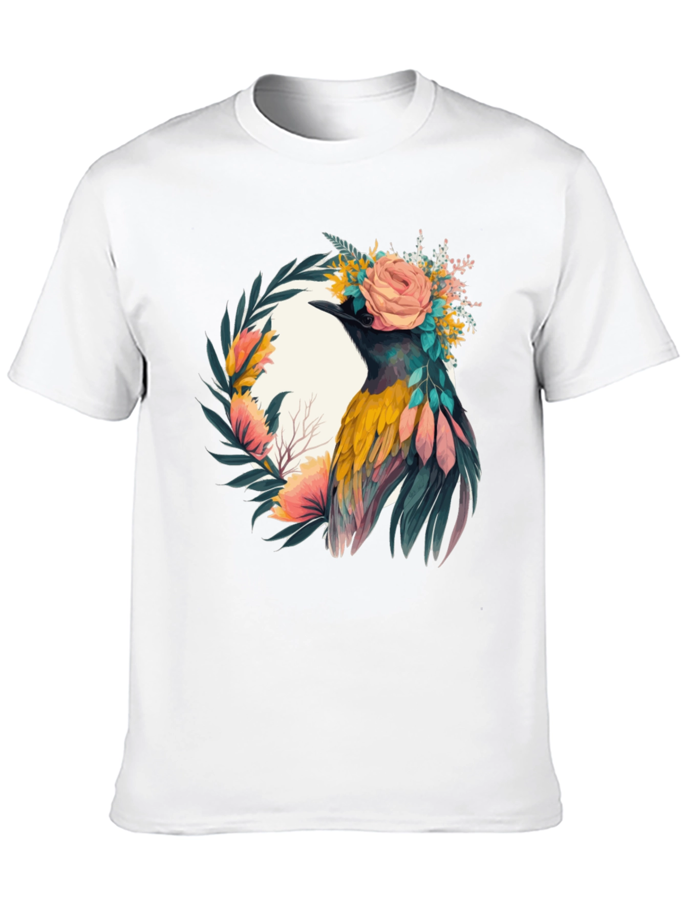 Camiseta Negra con Diseño de Ave Floral