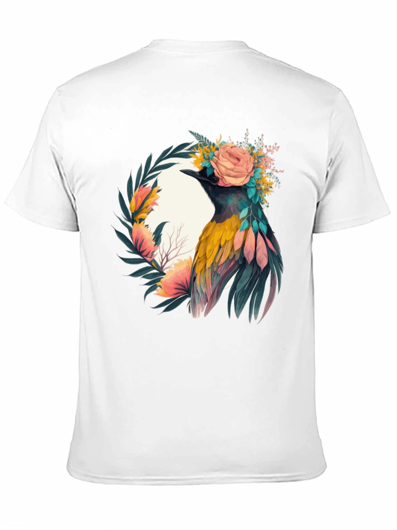 Camiseta Negra con Diseño de Ave Floral