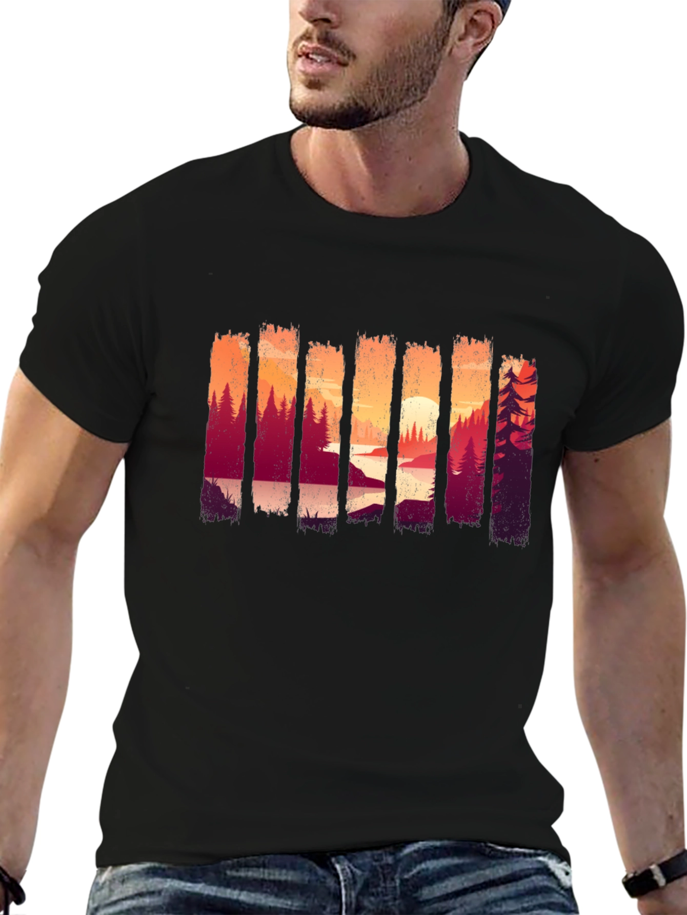 Camiseta Negra con Diseño de Paisaje Boscoso