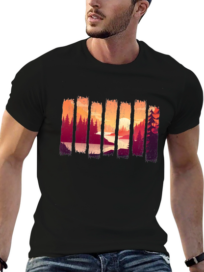 Camiseta Negra con Diseño de Paisaje Boscoso