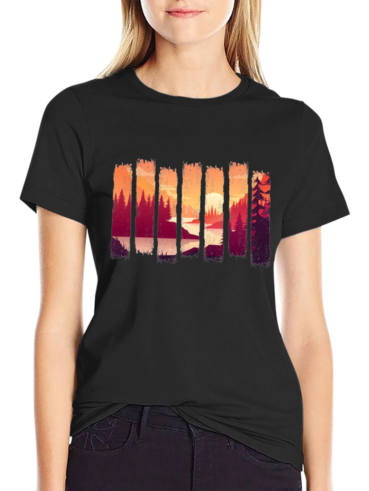 Camiseta Negra con Diseño de Paisaje Boscoso
