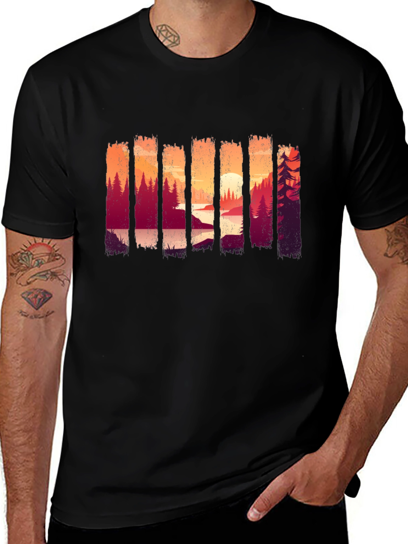 Camiseta Negra con Diseño de Paisaje Boscoso