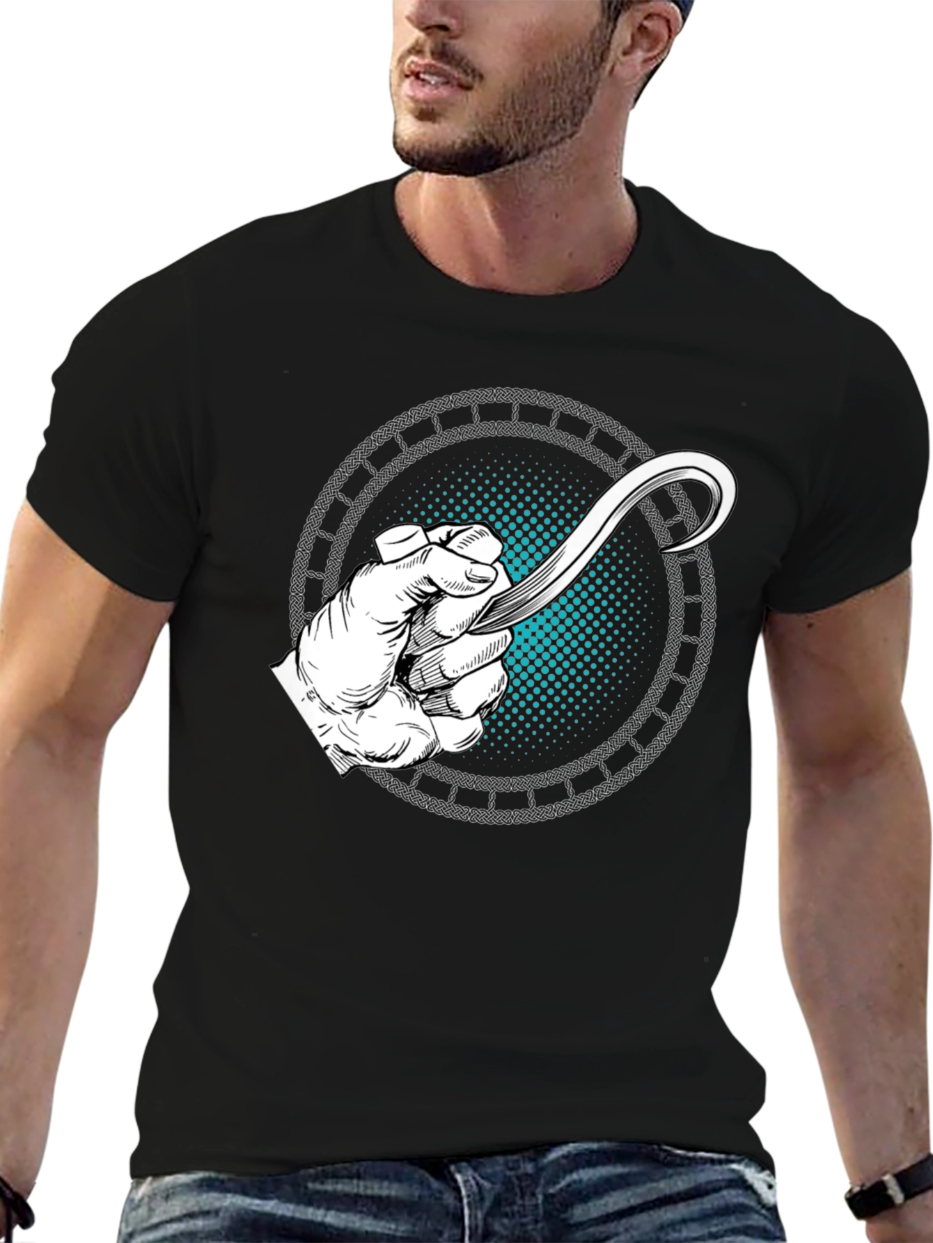 Camiseta Negra con Diseño de Mano y Hoja Curva