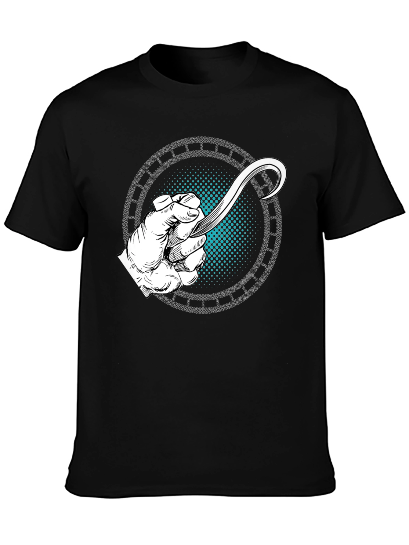 Camiseta Negra con Diseño de Mano y Hoja Curva