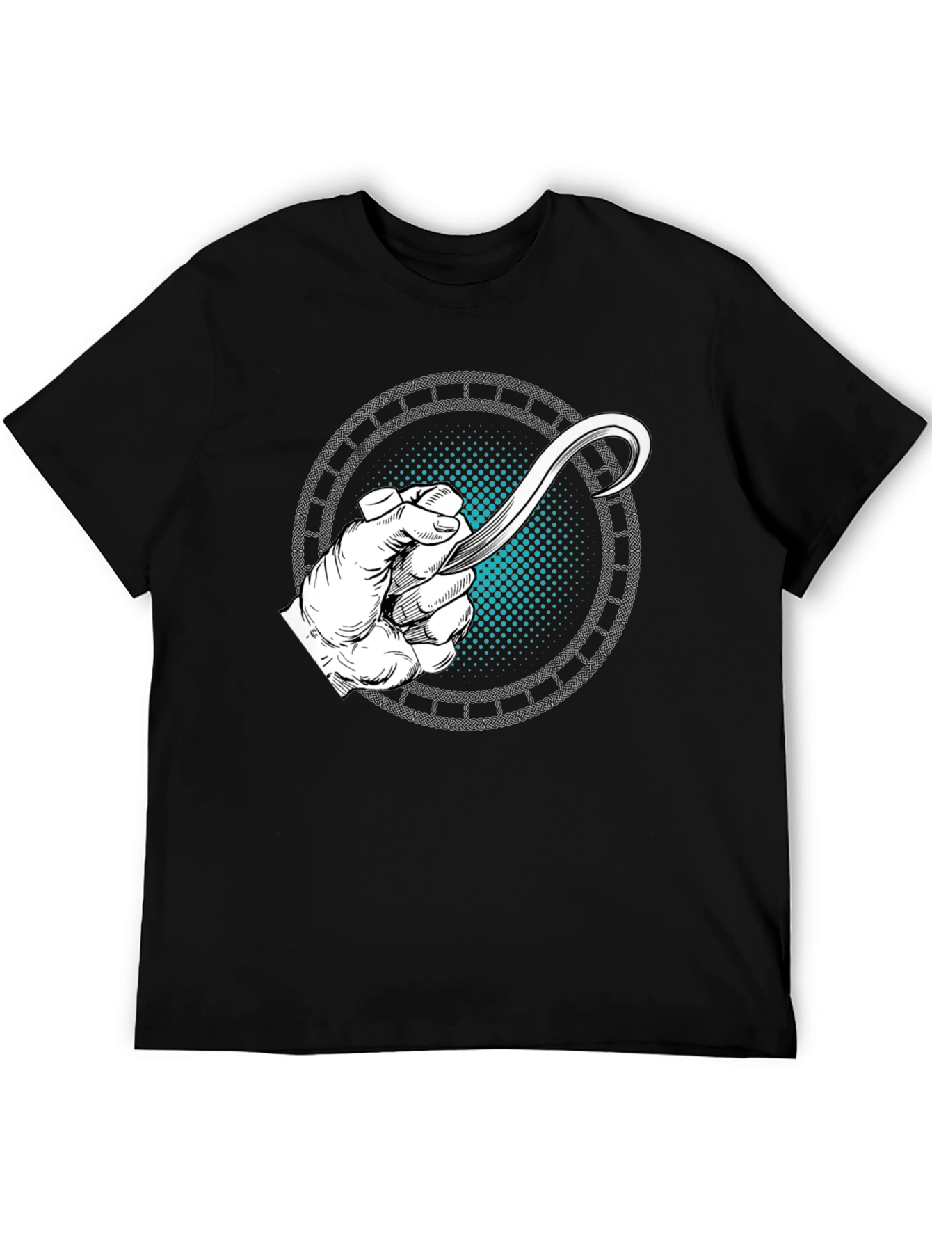 Camiseta Negra con Diseño de Mano y Hoja Curva