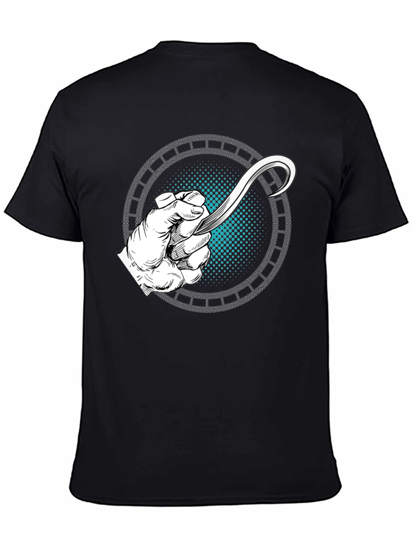 Camiseta Negra con Diseño de Mano y Hoja Curva