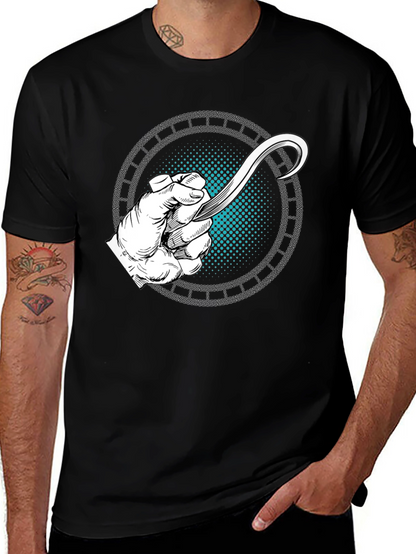 Camiseta Negra con Diseño de Mano y Hoja Curva