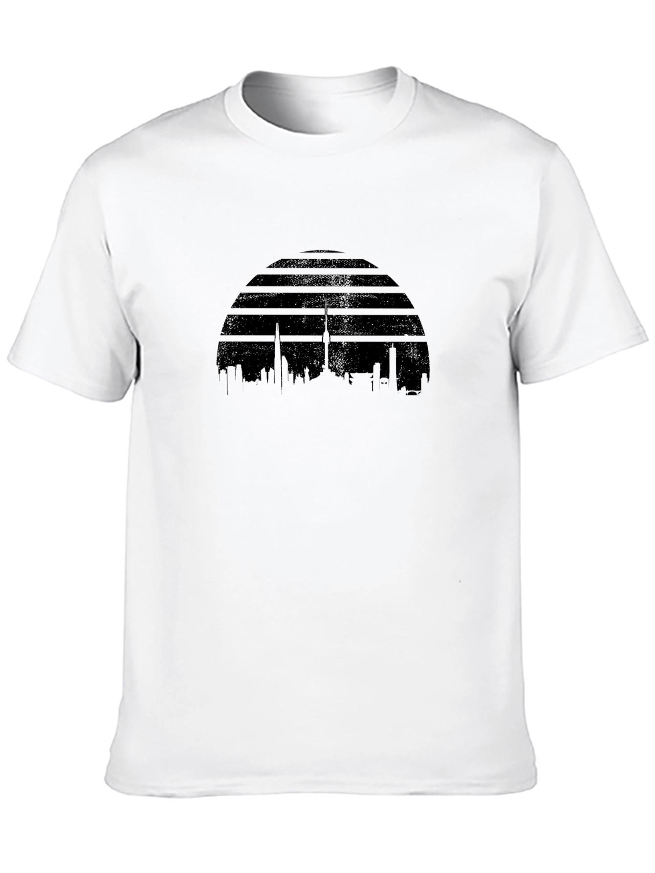 Camiseta Negra con Diseño de Horizonte Urbano Retro