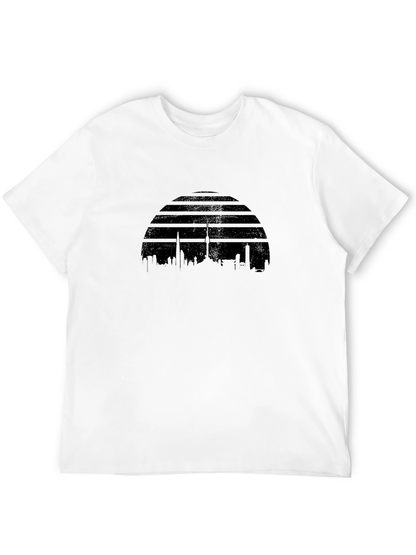Camiseta Negra con Diseño de Horizonte Urbano Retro