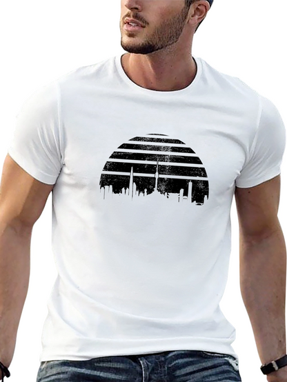 Camiseta Negra con Diseño de Horizonte Urbano Retro