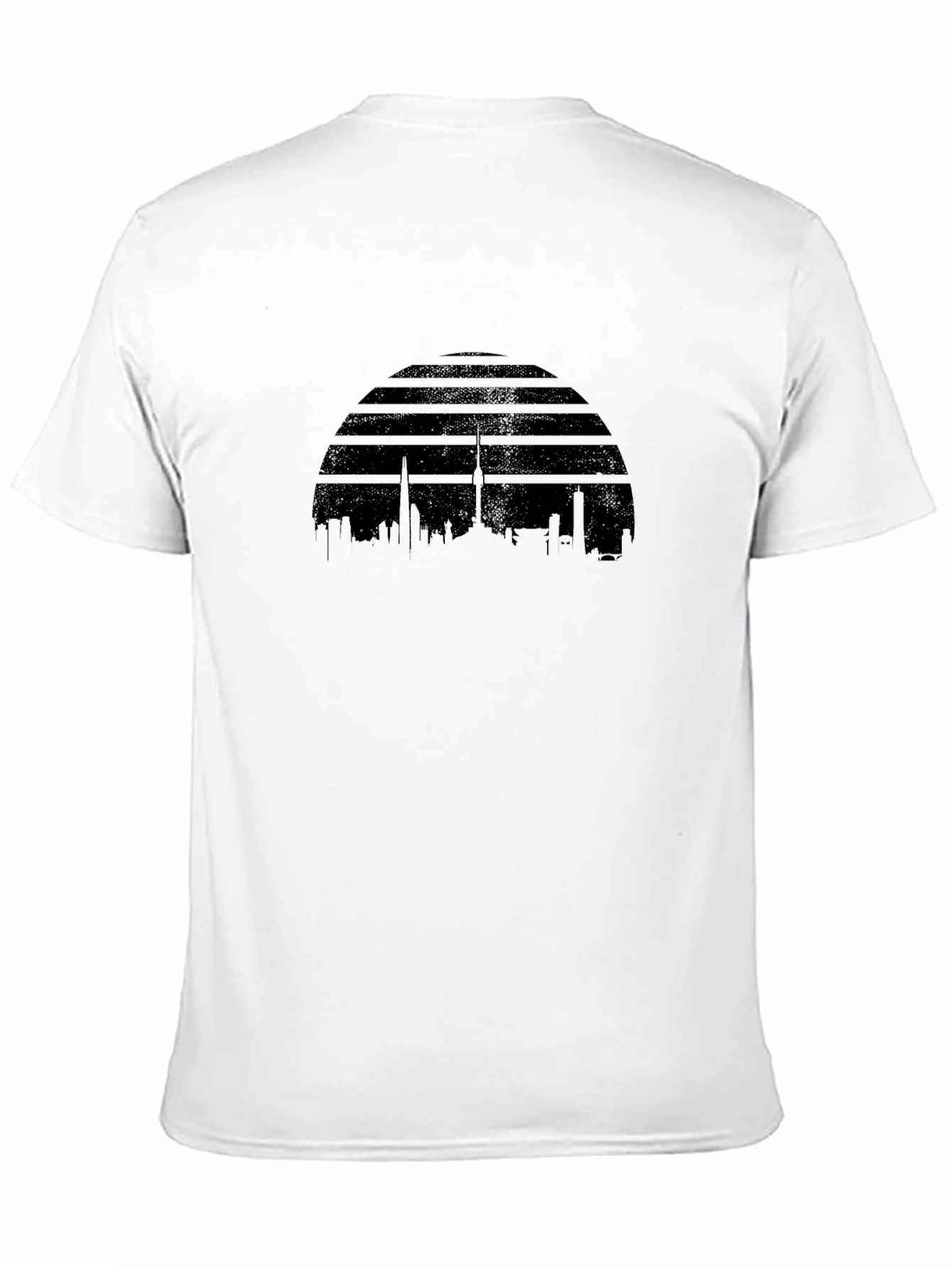 Camiseta Negra con Diseño de Horizonte Urbano Retro