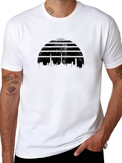 Camiseta Negra con Diseño de Horizonte Urbano Retro