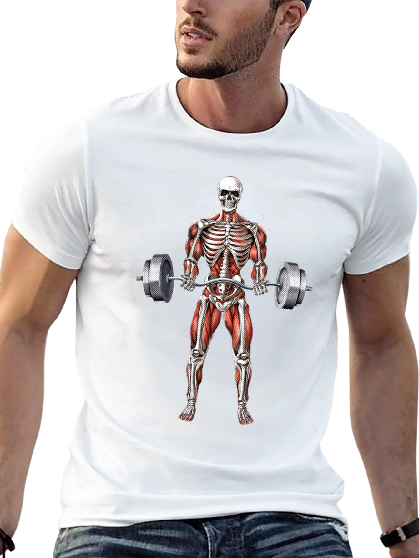 Camiseta Negra con Diseño de Esqueleto Levantando Pesas