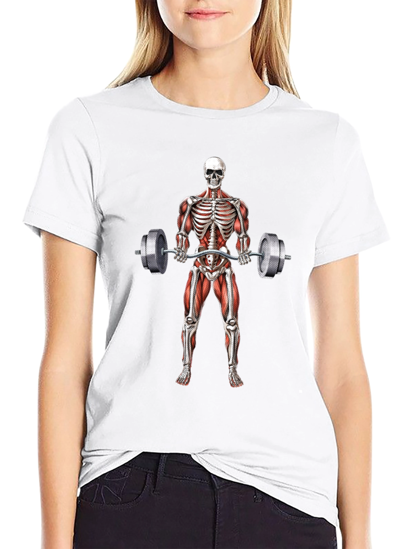 Camiseta Negra con Diseño de Esqueleto Levantando Pesas
