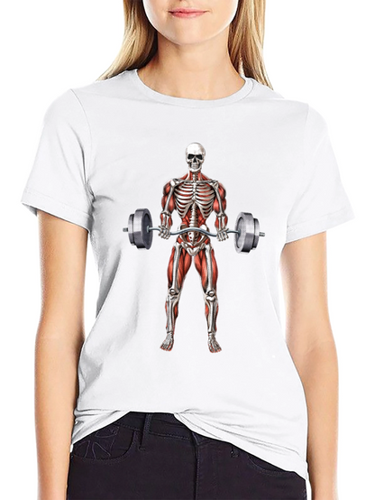 Camiseta Negra con Diseño de Esqueleto Levantando Pesas