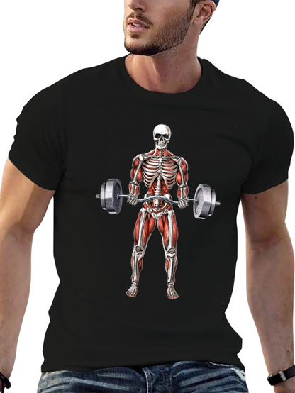 Camiseta Negra con Diseño de Esqueleto Levantando Pesas