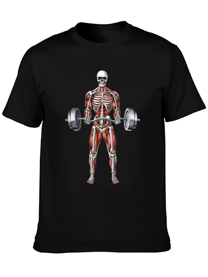 Camiseta Negra con Diseño de Esqueleto Levantando Pesas