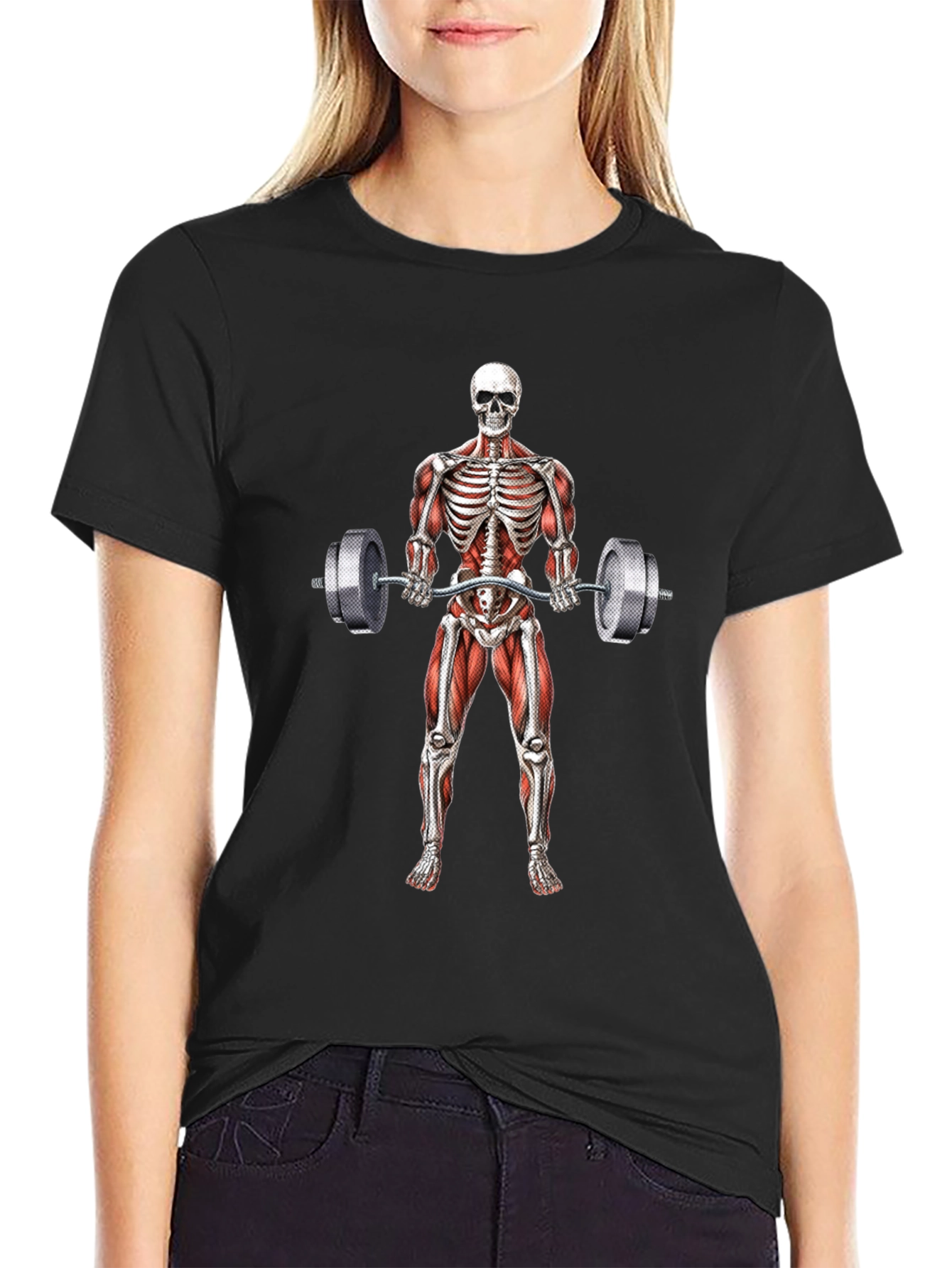 Camiseta Negra con Diseño de Esqueleto Levantando Pesas