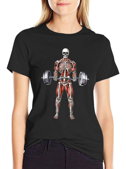 Camiseta Negra con Diseño de Esqueleto Levantando Pesas