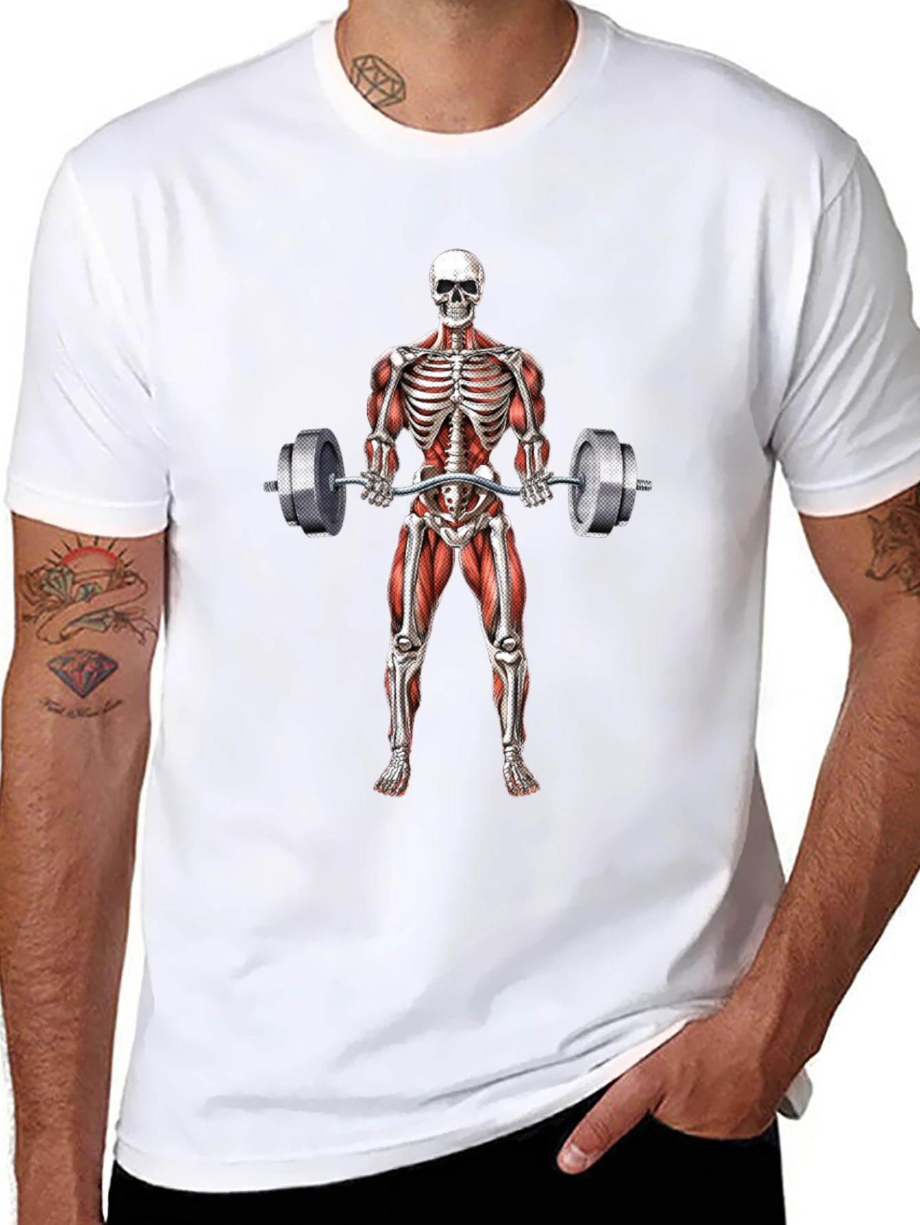 Camiseta Negra con Diseño de Esqueleto Levantando Pesas