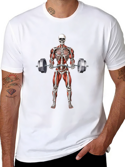 Camiseta Negra con Diseño de Esqueleto Levantando Pesas