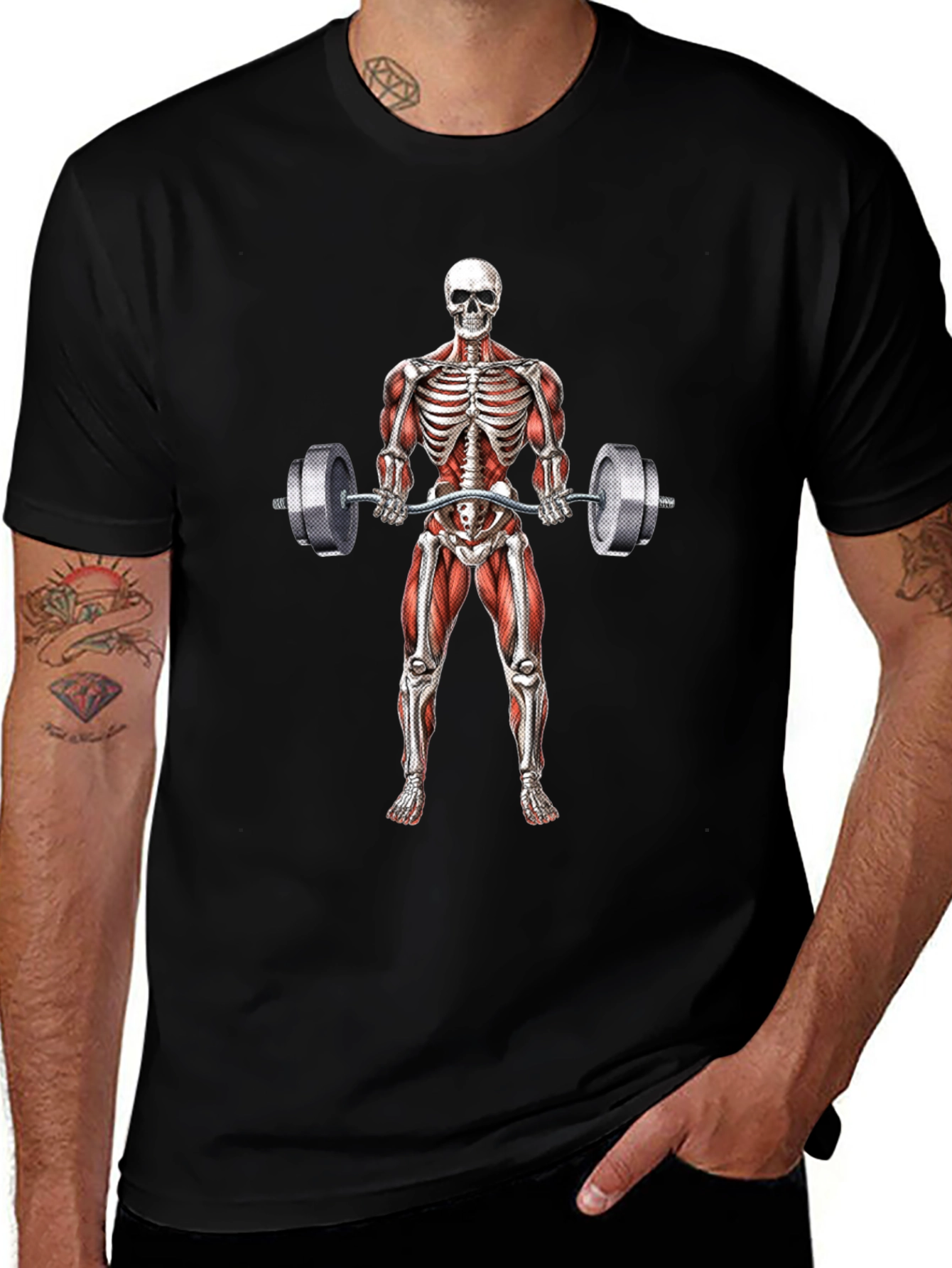 Camiseta Negra con Diseño de Esqueleto Levantando Pesas