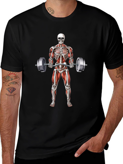 Camiseta Negra con Diseño de Esqueleto Levantando Pesas