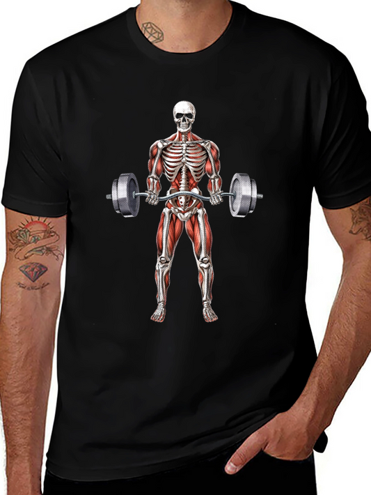 Camiseta Negra con Diseño de Esqueleto Levantando Pesas