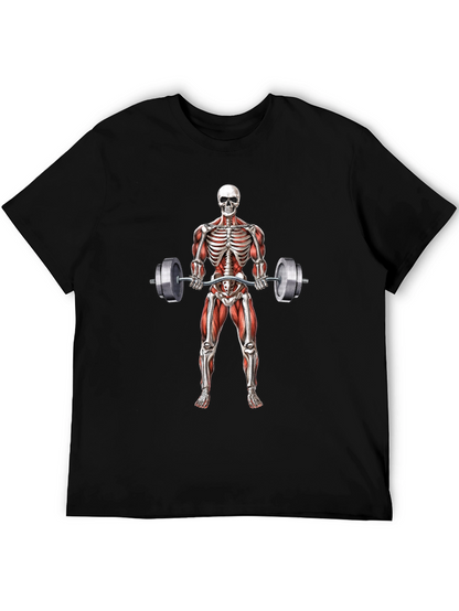 Camiseta Negra con Diseño de Esqueleto Levantando Pesas