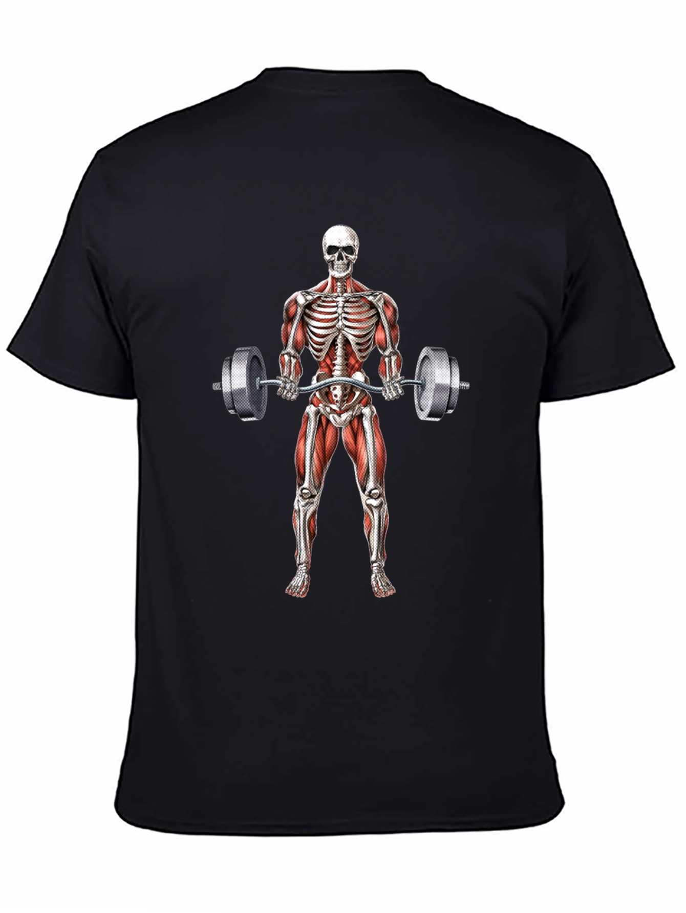 Camiseta Negra con Diseño de Esqueleto Levantando Pesas