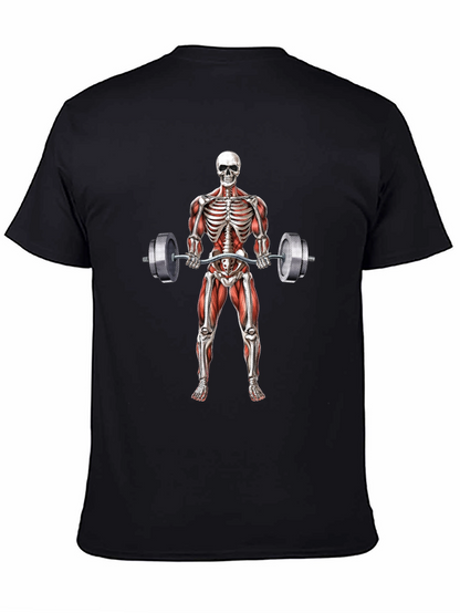 Camiseta Negra con Diseño de Esqueleto Levantando Pesas