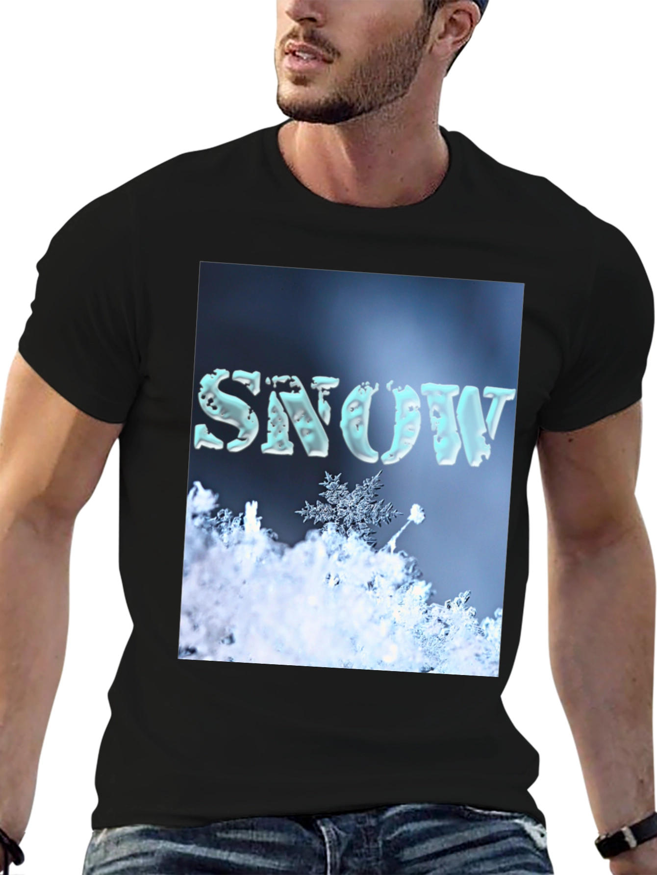 Camiseta Negra con Diseño de Nieve Invernal