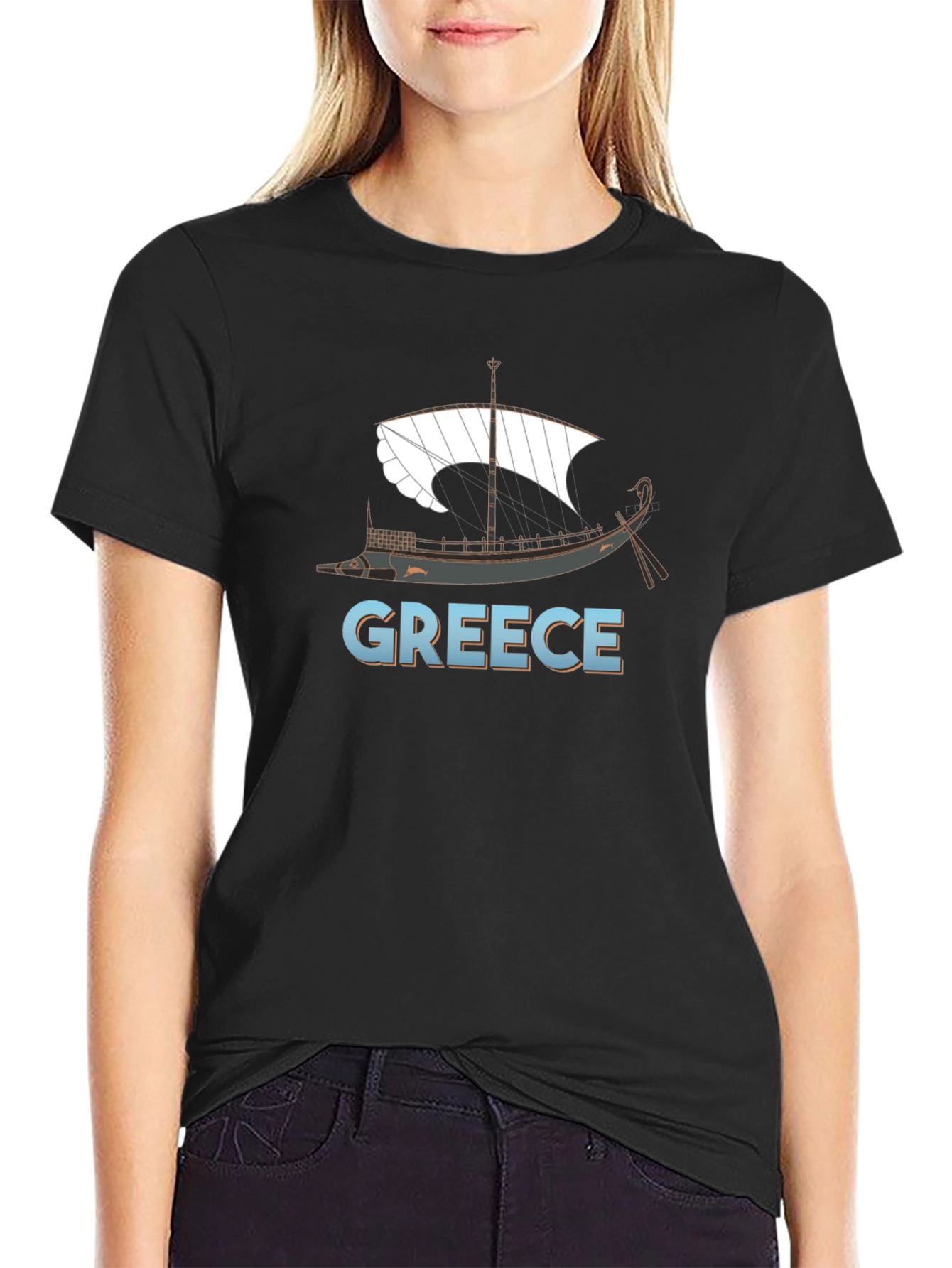 Camiseta Negra Grecia Barco Clásico Hombre