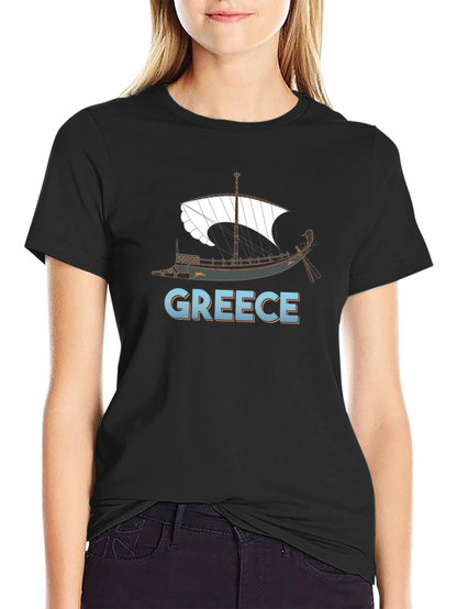Camiseta Negra Grecia Barco Clásico Hombre
