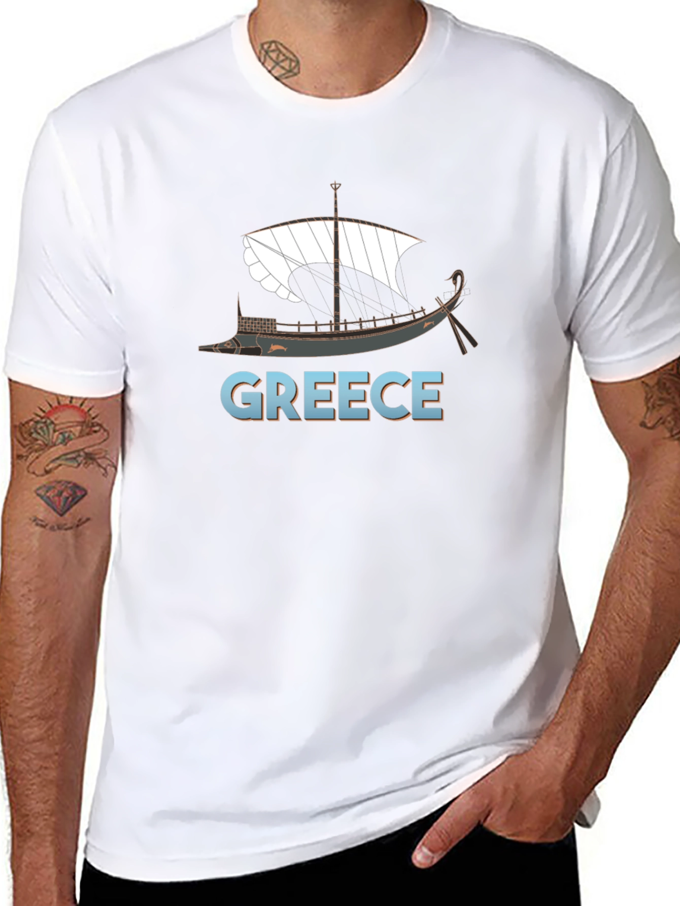 Camiseta Negra Grecia Barco Clásico Hombre