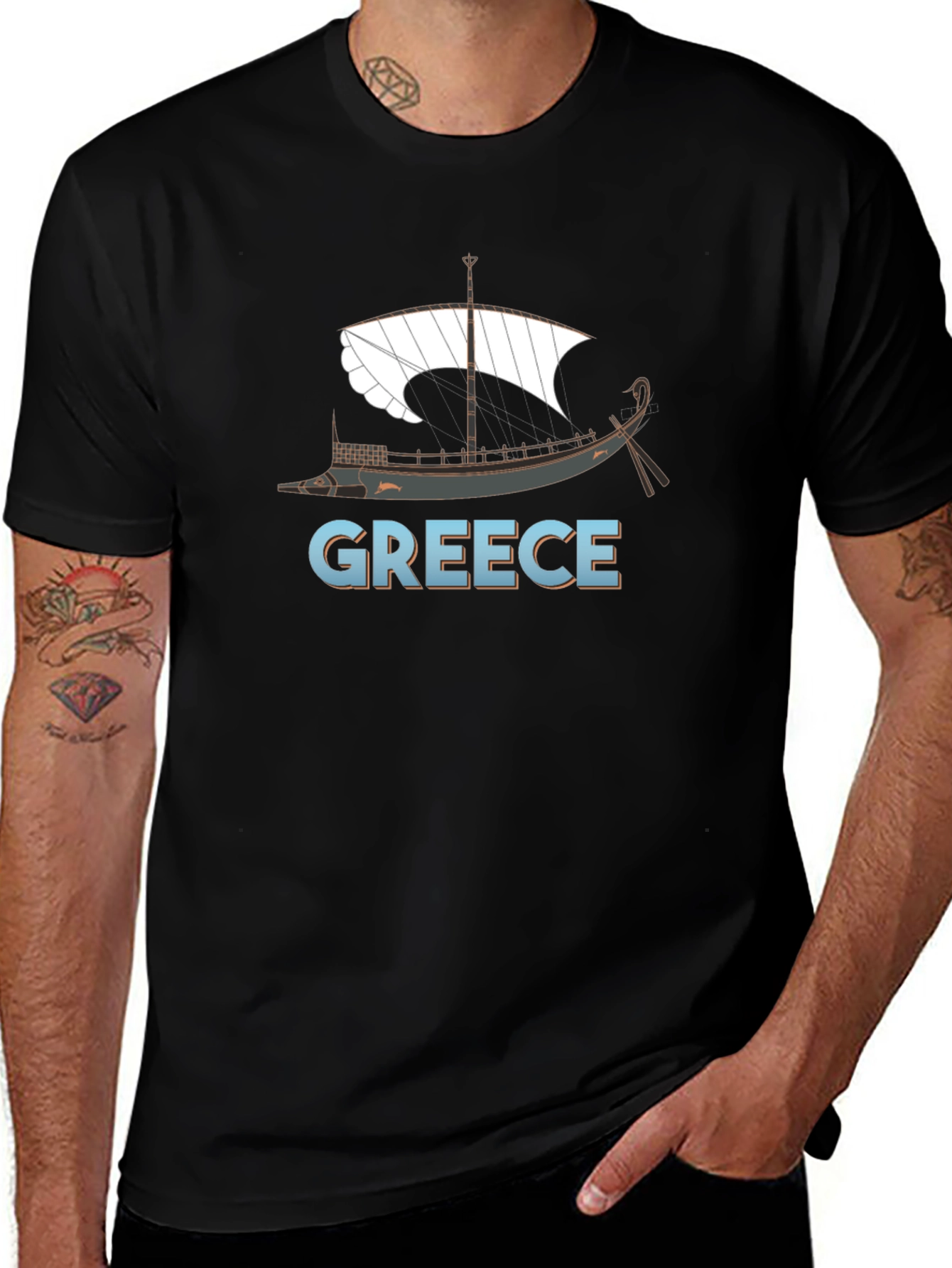 Camiseta Negra Grecia Barco Clásico Hombre