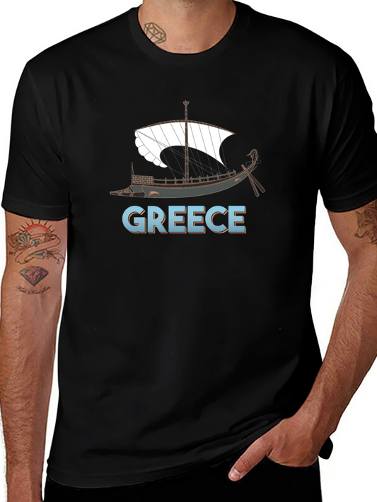 Camiseta Negra Grecia Barco Clásico Hombre
