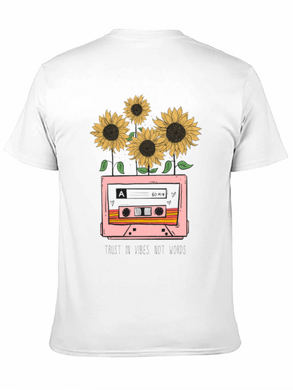 Camiseta Negra con Diseño Retro de Cassette y Girasoles
