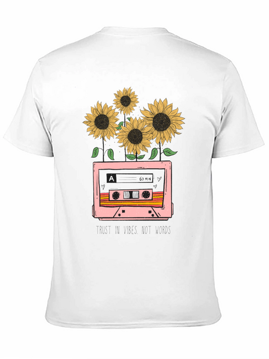 Camiseta Negra con Diseño Retro de Cassette y Girasoles