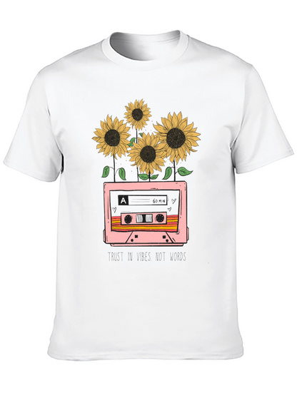 Camiseta Negra con Diseño Retro de Cassette y Girasoles